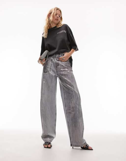 Topshop - Baggy jeans met hoge taille in grijs met folie coating