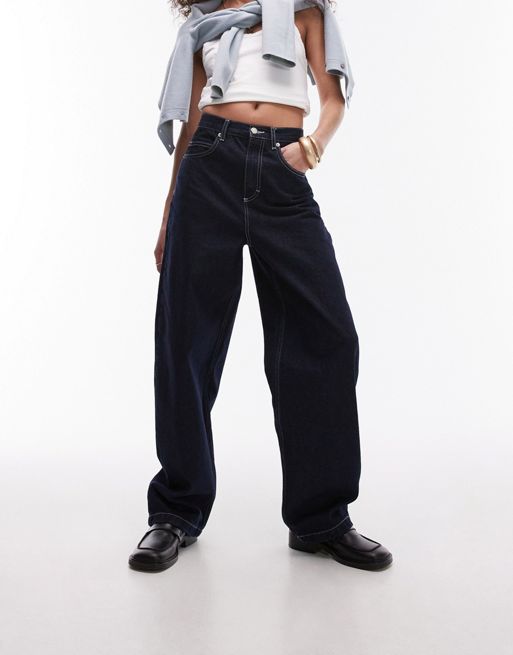 Topshop - Baggy jeans met hoge taille in raw indigo