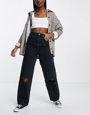 Topshop Baggy jeans with knee rips in washed black - ASOS Price Checker