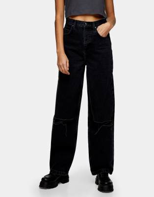 Topshop Baggy jeans with knee rips in washed black | ASOS