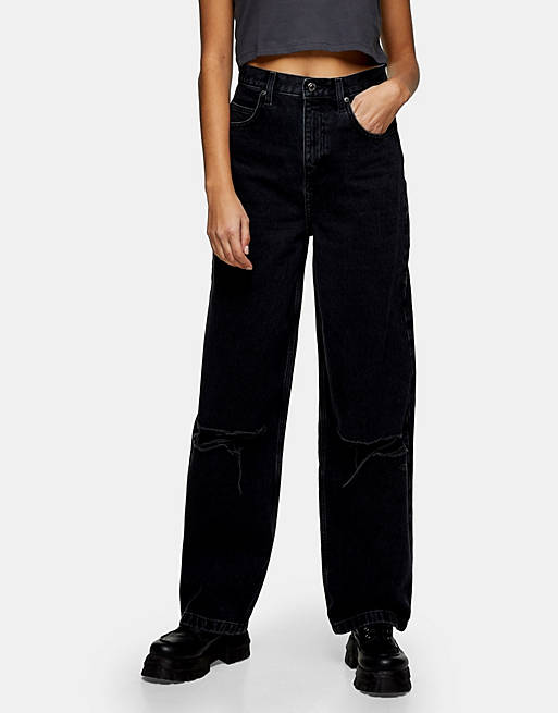 Topshop Baggy jeans with knee rips in washed black