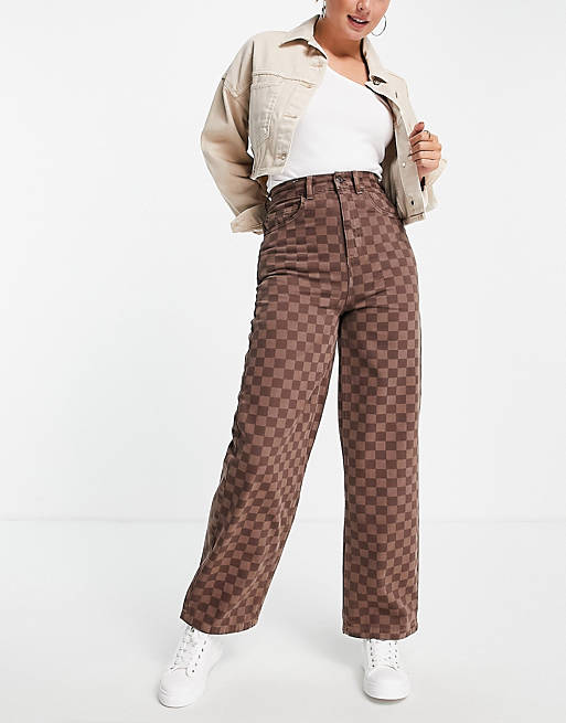 Women Topshop baggy organic cotton jean in brown checkerboard 