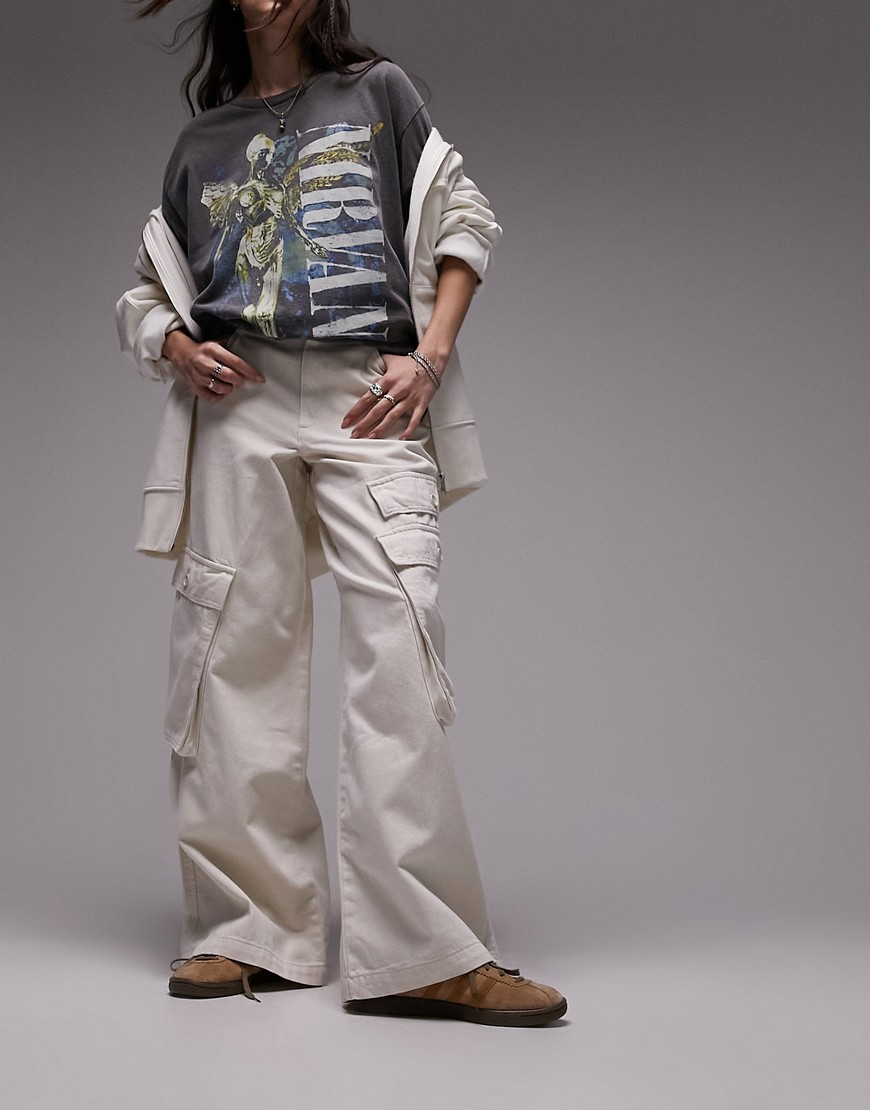Topshop Baggy Side Pocket Cargo Pants In Ecru-white