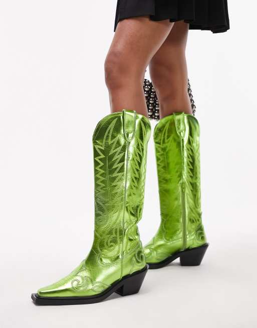 Topshop – Bailey – Hochwertige Westernstiefel aus Leder in Metallic-Grün