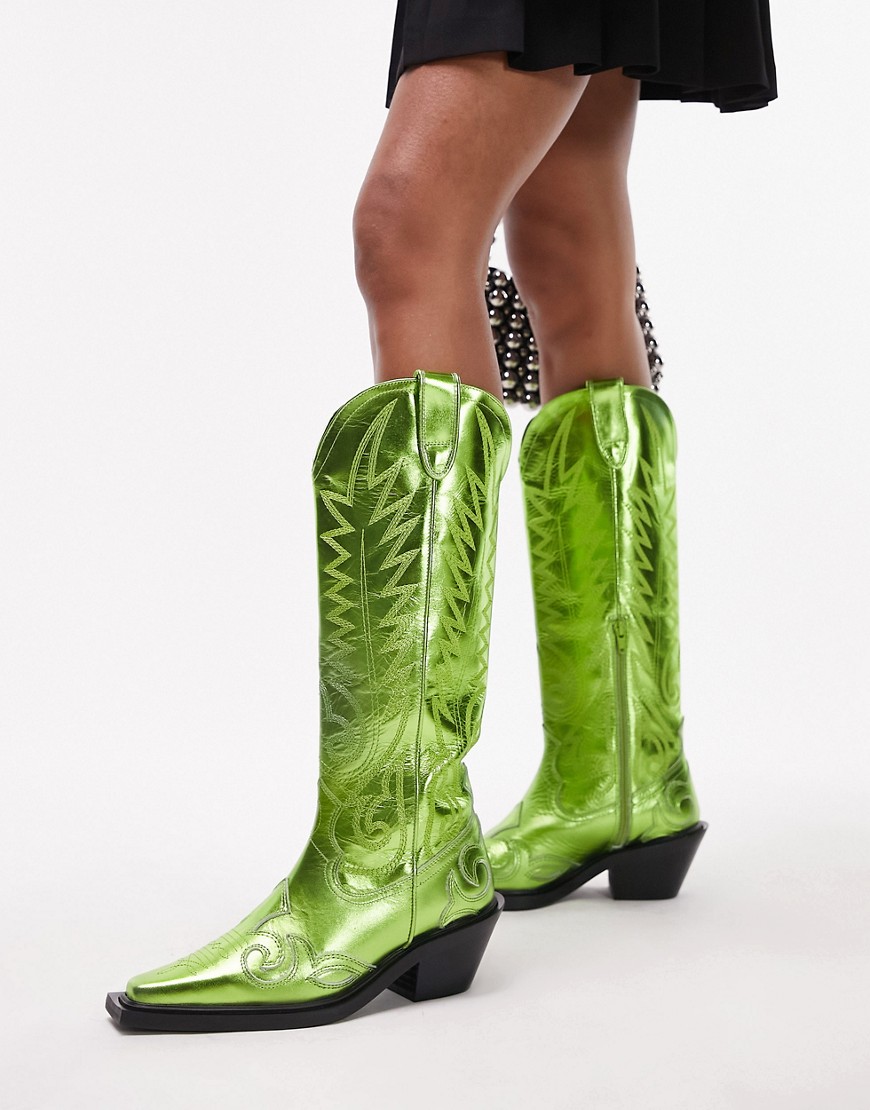 Topshop Bailey premium leather western boot in metallic green