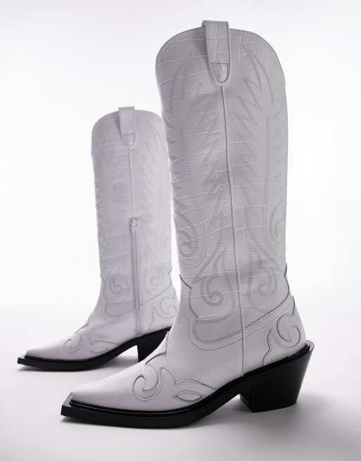 Topshop Bailey premium leather western boots in white croc