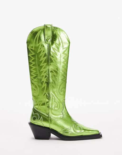 Topshop - Bailey - Westernlaarzen van premium leer in metallic groen, 2 van 4