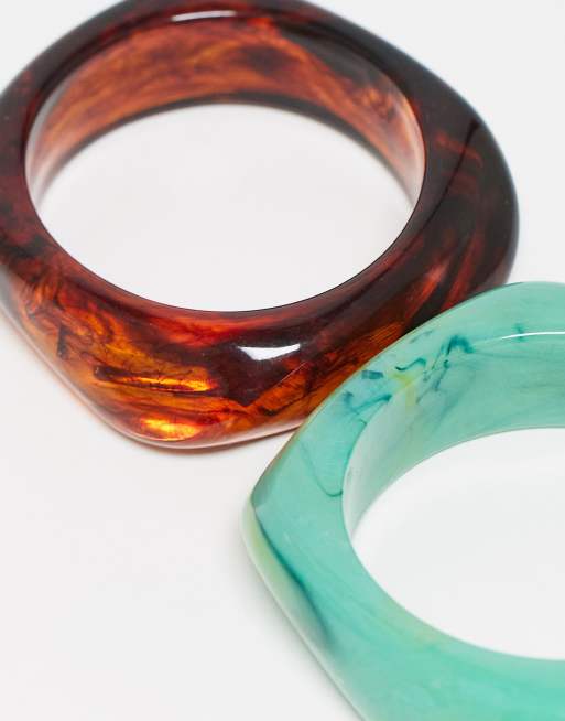 Topshop - Bali - Confezione multipack di bracciali rigidi spessi marrone e verde, 3 di 3