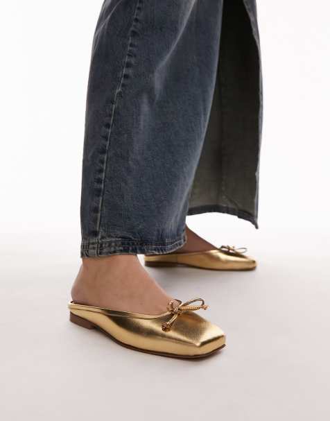 Topshop Bali leather square toe ballet mules in gold - view 1