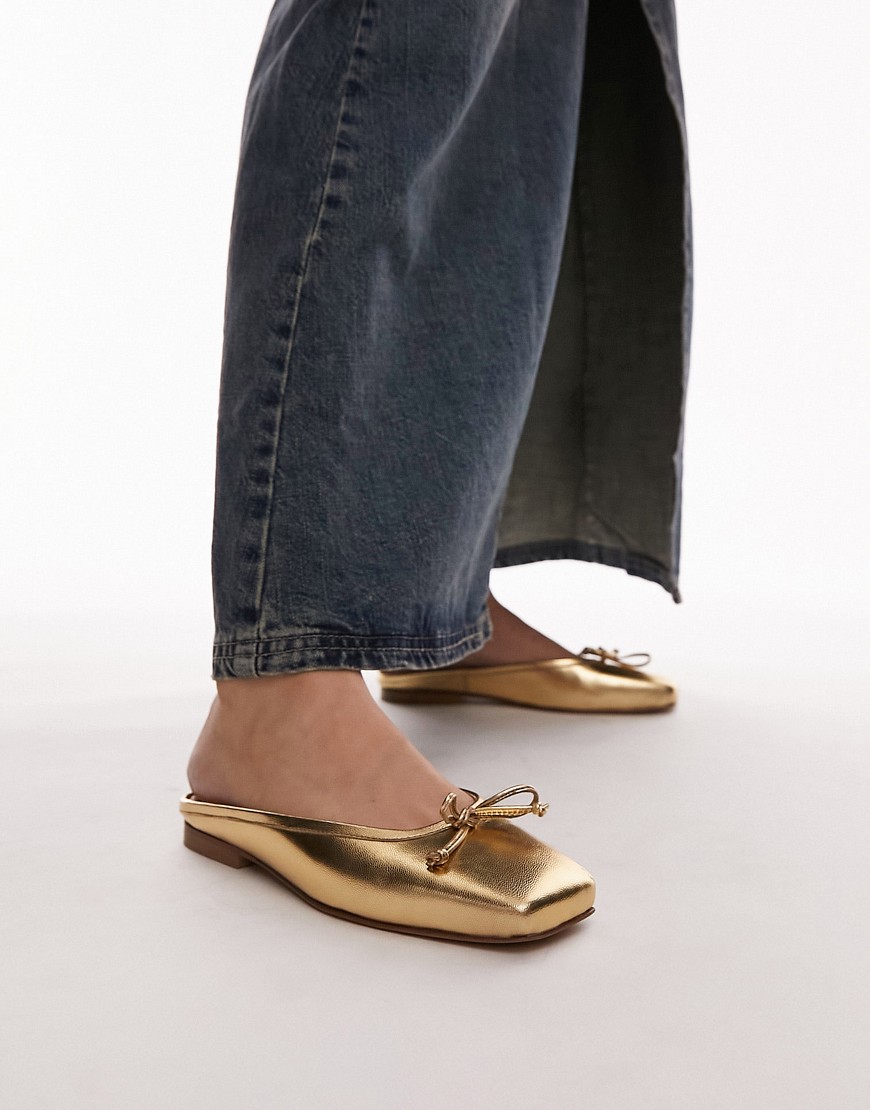 Topshop Bali leather square toe ballet mules in gold