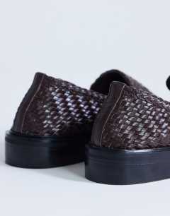 Model wearing Bali leather weave flat shoe loafer in chocolate