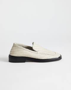 Bali leather weave flat shoe loafer in off white 