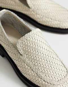 Model wearing Bali leather weave flat shoe loafer in off white 