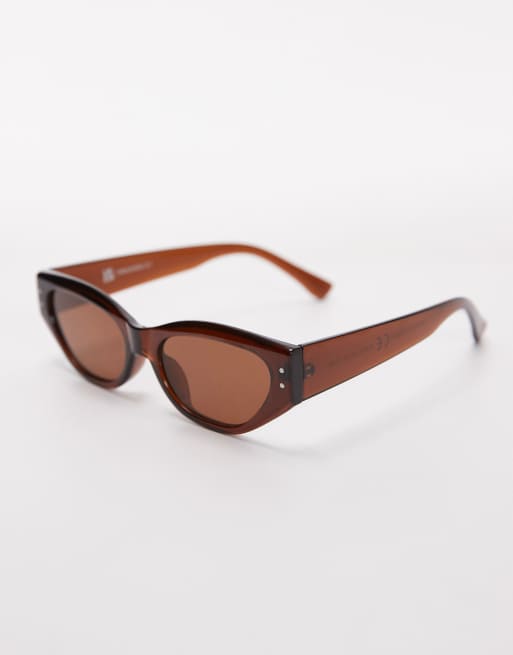 Topshop Bali narrow angular cat eye sunglasses in brown, 2 of 3