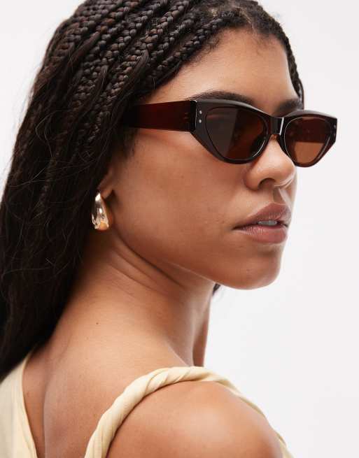 Topshop Bali narrow angular cat eye sunglasses in brown, 3 of 3