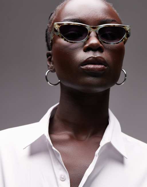 Topshop Bali narrow angular cat eye sunglasses in green tort, 3 of 3