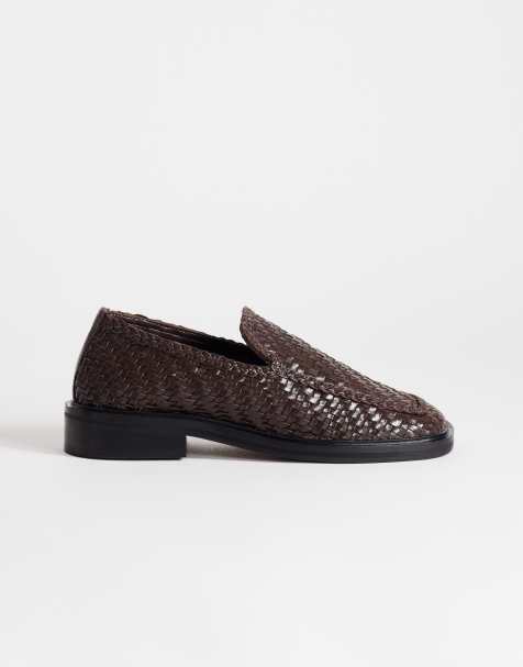 Topshop Bali real leather weave flat shoe loafer in chocolate - view 1