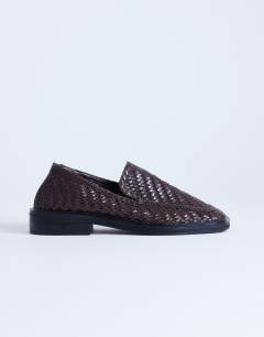 Bali real leather weave flat shoe loafer in chocolate