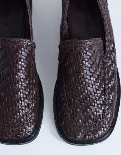 Model wearing Bali real leather weave flat shoe loafer in chocolate