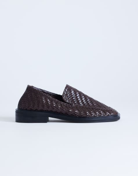 Topshop Bali real leather weave flat shoe loafers in chocolate - view 1