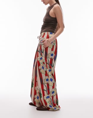Topshop - Ballon-Leg-Hose aus Leinen in rot gestreift mit Blumenmuster-Bunt