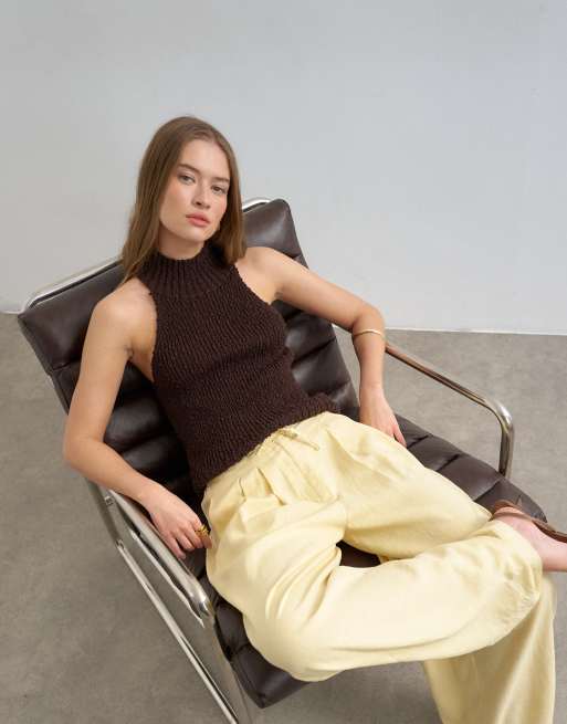 Topshop – Ballonhose aus Leinen in Buttermilchgelb mit Bindegürtel, 2 von 5