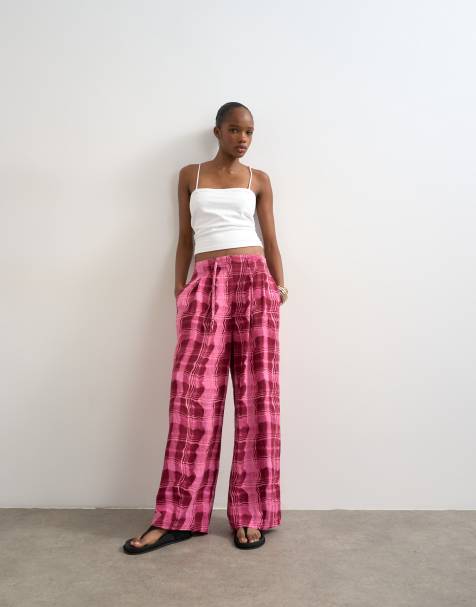 Topshop – Ballonhose aus Leinen in Rosa kariert mit Bindegürtel - view 1