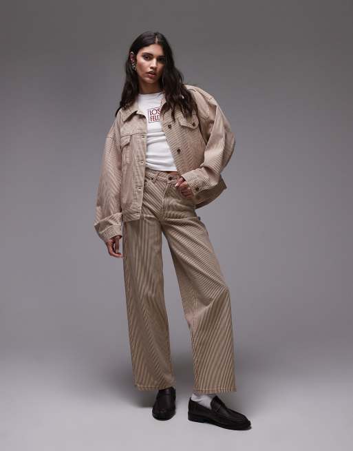 Topshop balloon denim jacket in tan stripe, 3 of 4
