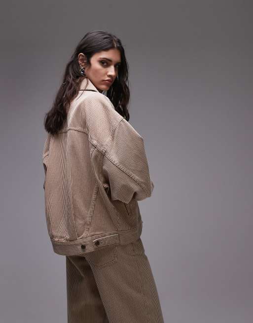 Topshop balloon denim jacket in tan stripe, 4 of 4