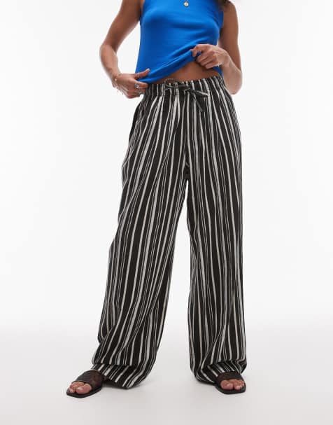 Topshop – Balloon-Leg-Hose aus Leinen in Schwarz mit weißen Streifen im gemalten Design - view 1