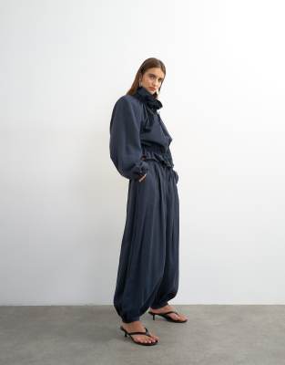 Topshop Balloon Pants With Tie Waist In Blue