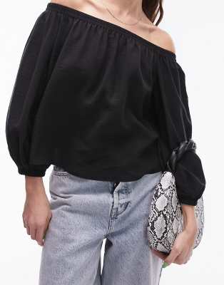 Topshop Balloon Sleeve Bardot Top In Black