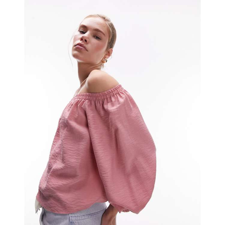 Topshop balloon sleeve bardot top in dusky pink ASOS