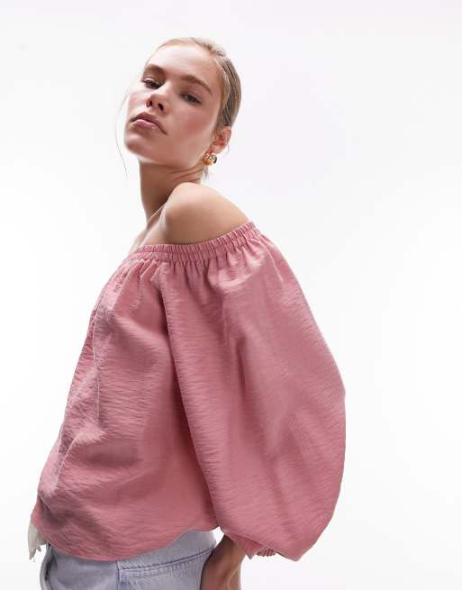 Topshop Balloon Sleeve Bardot Top In Dusky Pink Asos