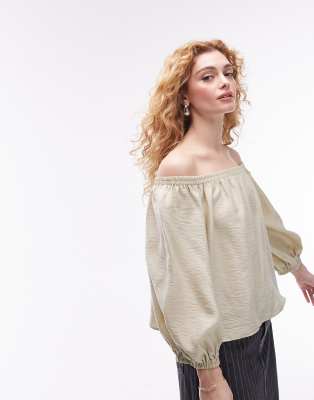 Topshop Balloon Sleeve Bardot Top In Sage-green In Green