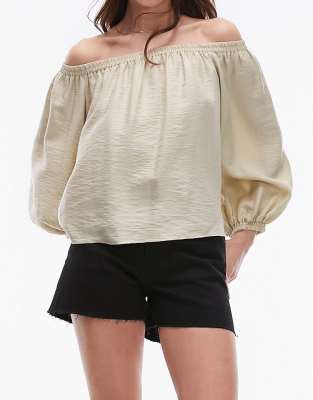 Topshop Balloon Sleeve Bardot Top In Sage-green In Green