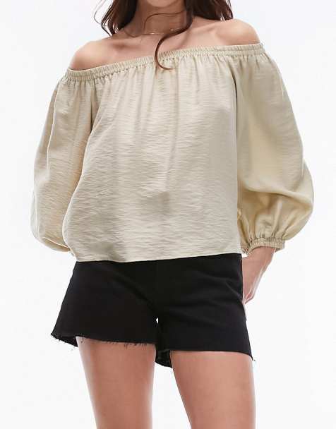 Topshop balloon sleeve bardot top in sage - view 1