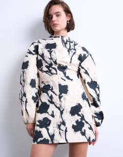 Balloon sleeve cinch waist mini dress in mono floral print