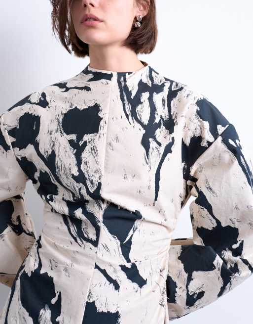 Topshop balloon sleeve cinched waist mini dress in black and white floral print