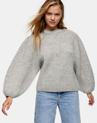 Topshop balloon sleeve knitted jumper in grey