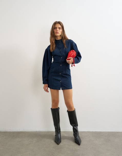 Topshop Balloon sleeve mock neck mini dress in blue denim - view 1