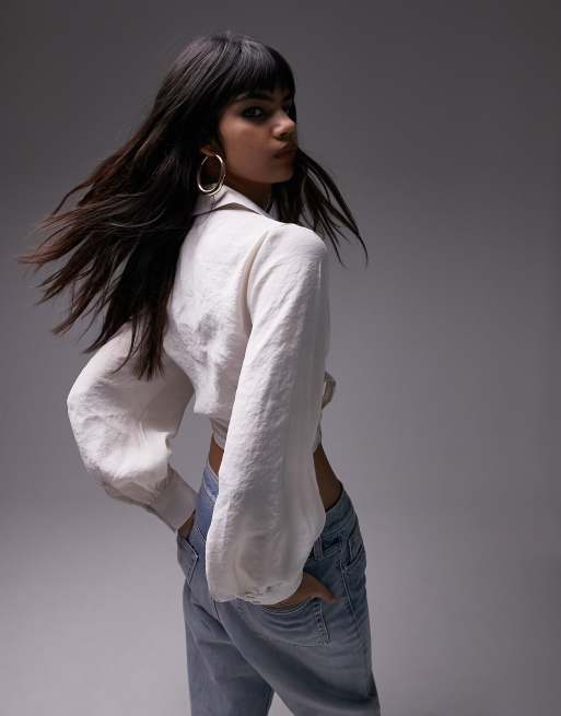 Topshop balloon sleeve wrap waist crop shirt in stone | ASOS