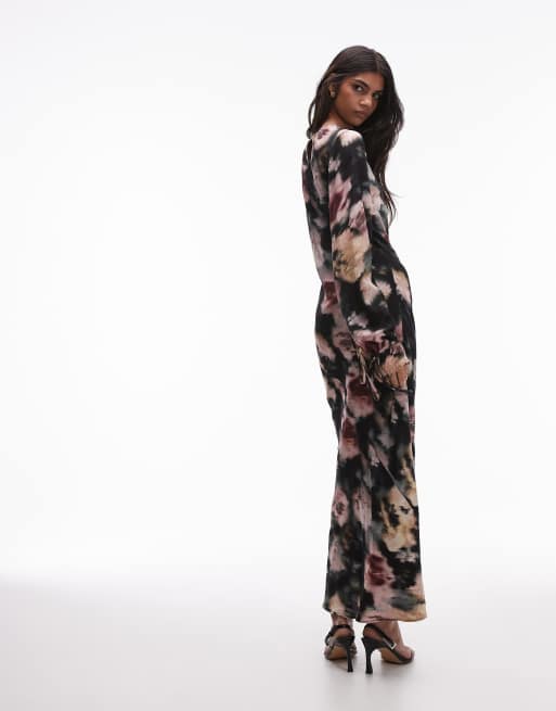 Topshop balloon tie sleeve maxi dress in black based floral, 3 of 4