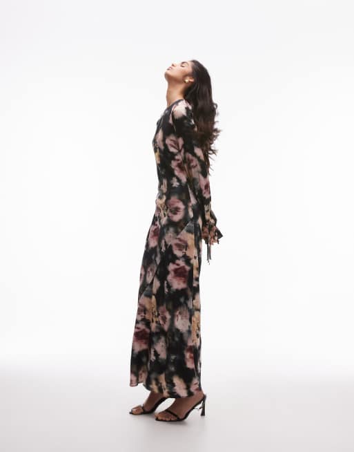 Topshop balloon tie sleeve maxi dress in black based floral, 4 of 4