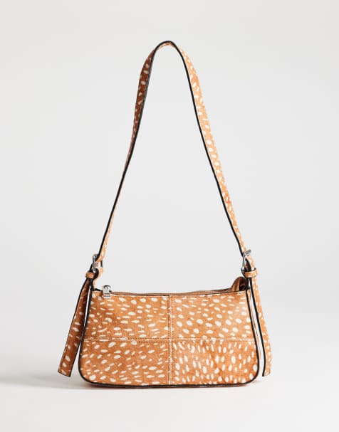 Topshop - Bam - Schoudertas met panelen van leer met haar en hertenprint in lichtbruin - view 1