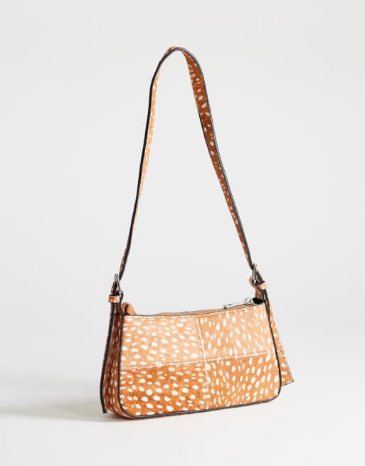  Topshop Bam small deer print hair on leather panel shoulder bag in tan, 4 of 4