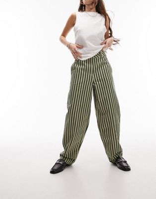 Topshop pinstripe banana wide leg trouser in khaki - ASOS Price Checker