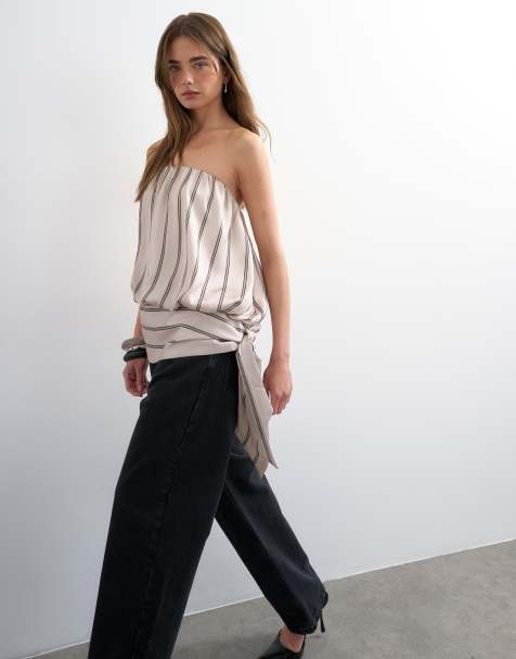 Topshop bandeau bubble stripe top in beige - view 1