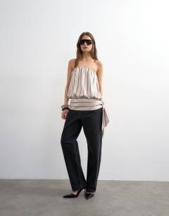 Model wearing Bandeau bubble stripe top in beige