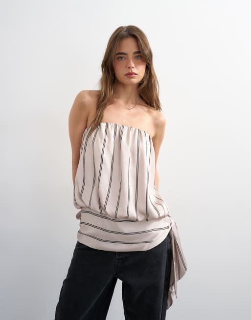 Topshop bandeau bubble striped top in beige, 4 of 4